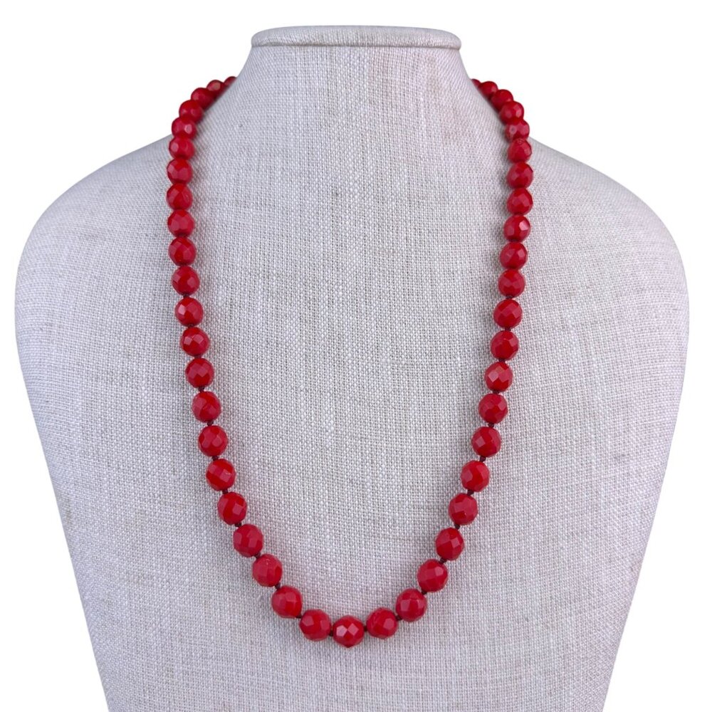 Les Bernard Womens Red Glass Bead Necklace Vintage Faceted Jewelry